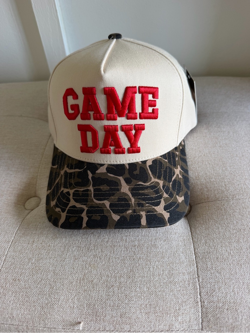 C.C GAME DAY Beige Hat with Red Embroidery and Camo Brim